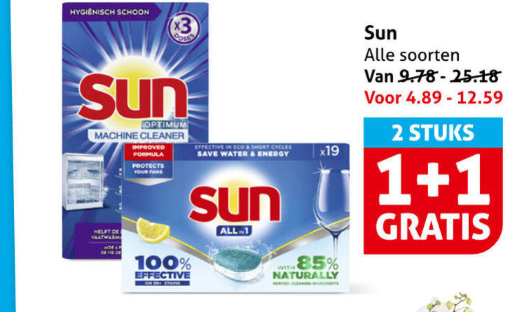 sun vaatwasmiddel 1 2 100 hygienisch schoon optimum machine cleaner improved formula protects your effective eco short save water energy 99 stains all with naturally cleaning ingredients soorten stuks folder aanbieding bij Hoogvliet Sun vaatwasmiddel folder aanbieding bij Hoogvliet - details