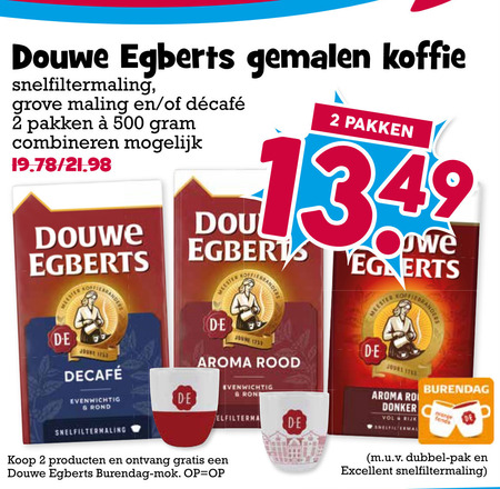 douwe egberts koffie 2 500 gemalen snelfiltermaling grove maling pakken combineren meester joline evenwichtig rond aroma rood joure donker rijk mok dubbel pak excellent folder aanbieding bij Boons Markt Douwe Egberts koffie folder aanbieding bij Boons Markt - details