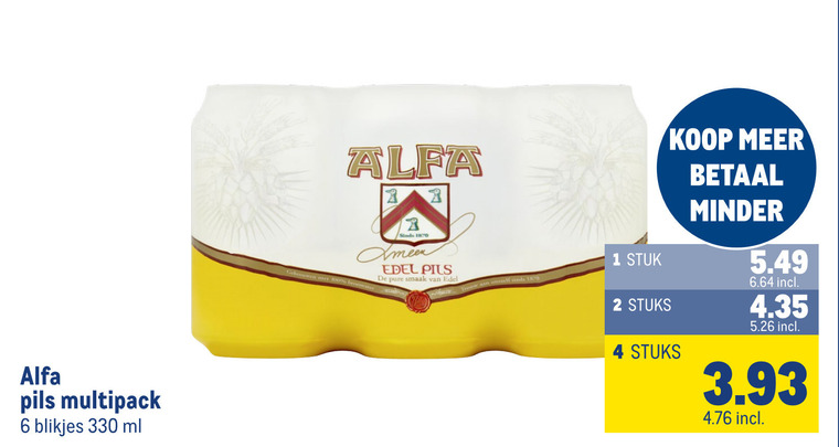 alfa blikjes bier 1 2 4 6 100 330 1870 pils multipack ml edel trouw onszelf stuk stuks minder folder aanbieding bij Makro Alfa blikje bier folder aanbieding bij Makro - details