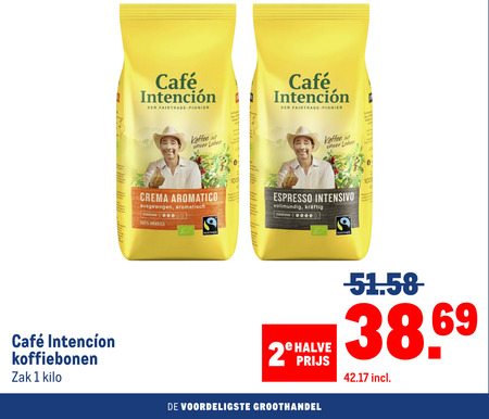 cafe intencion koffiebonen 1 100 1000 mcafee zak kilo der fairtrade kaffee be crema aromatico aromatisch arabica www espresso intensivo halve groothandel folder aanbieding bij Makro Cafe Intencion koffiebonen folder aanbieding bij Makro - details