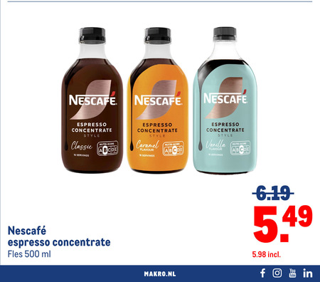 nescafe koffieconcentraat 16 500 espresso concentrate style classic servings nutri score caramel flavour vanilla fles ml you tube folder aanbieding bij Makro Nescafe koffieconcentraat folder aanbieding bij Makro - details