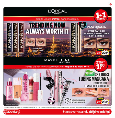 maybelline l oreal mascara 1 2 3 25 30 33 50 100 bleu suede bordeaux cashmere instrumentele personen paris always worth it posts panorama panoramisch volume ogen 4x herfst makeup trend new york all night black stuks assortiment grippy bes kruidvat artikel sky tubes eindeloos lengte make up remover eraser matte nl w32 waarde copyright seconden verwijdering enkel warm water wimpers nat strijk zacht omlaag 2e halve combinatie verrassend folder aanbieding bij Kruidvat L Oreal mascara folder aanbieding bij Kruidvat - details