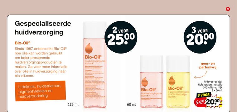 bio-oil huidverzorging 2 3 9 60 100 bio oil onderzoekt olie beter presterende huidverzorgingsproducten littekens huidstriemen pigmentvlekken huidveroudering ml 250 geur parfumvrij natur huidverzorgingsproduct natuurlijk folder aanbieding bij Kruidvat Bio-Oil huidverzorging folder aanbieding bij Kruidvat - details