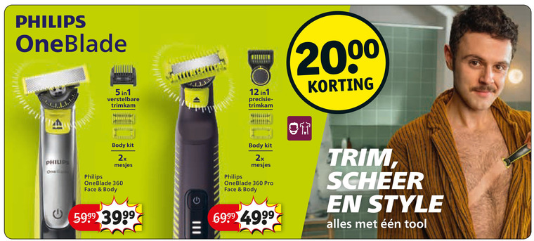 philips elektrisch scheerapparaat 1 12 360 oneblade 5-in-1 verstelbare trimkam body kit 2x mesjes face iii precisie pro scheer style tool folder aanbieding bij Kruidvat Philips elektrisch scheerapparaat folder aanbieding bij Kruidvat - details