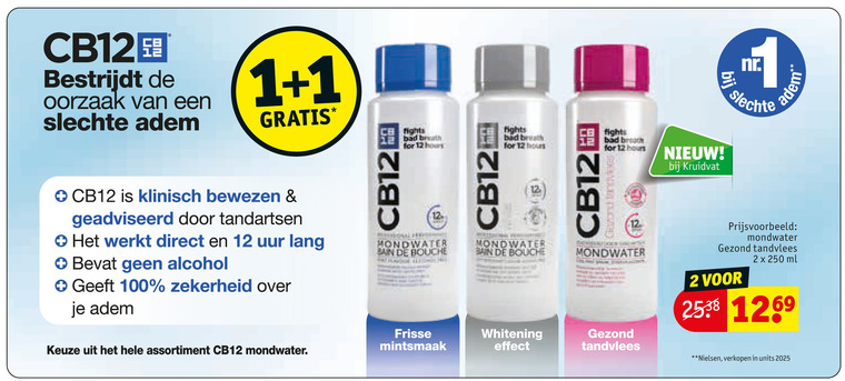 cb12 mondwater 1 2 12 100 250 oorzaak adem fights bad breath for hour hours klinisch bewezen geadviseerd tandartsen uur lang alcohol bain bouche kruidvat assortiment frisse mintsmaak whitening effect gezond tandvlees ml folder aanbieding bij Kruidvat mondwater folder aanbieding bij Kruidvat - details