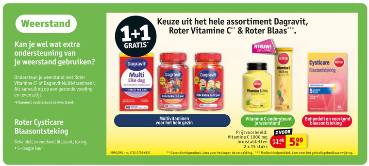 roter dagravit multivitaminen 1 2 5 12 15 60 1000 weerstand assortiment vitamine blaas ondersteuning gebruiken ondersteun aanvulling voeding levensstijl ondersteunt multi dag cysticare blaasontsteking kuur tablet stc kids jaar gezin kruidvat mg bruistabletten stuks gezondheidsproduct lees medisch hulpmiddel gebruik folder aanbieding bij Kruidvat Roter multivitaminen folder aanbieding bij Kruidvat - details