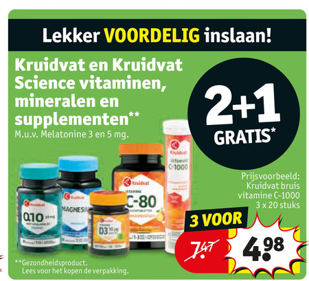 kruidvat huismerk voedingssupplement multivitaminen 1 2 3 5 20 80 100 1000 inslaan science vitaminen mineralen supplementen melatonine mg magnesium gezondheidsproduct lees bruis vitamine stuks folder aanbieding bij Kruidvat Kruidvat Huismerk voedingssupplement, multivitaminen folder aanbieding bij Kruidvat - details