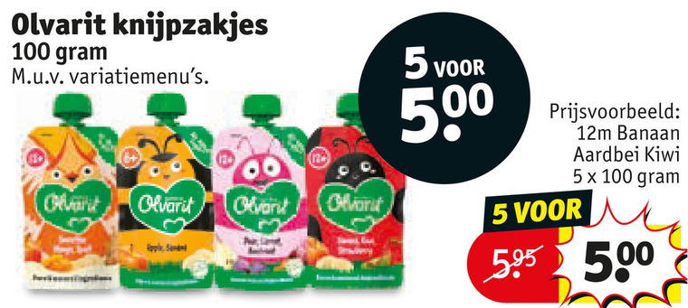 olvarit babyvoeding 5 100 500 knijpzakjes banaan aardbei kiwi folder aanbieding bij Kruidvat Olvarit babyvoeding folder aanbieding bij Kruidvat - details
