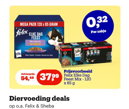 sheba felix kattenvoer 120 purina mega pack dag feest mix gelei 32 zakje zalm tonijn rund kip sauce 99 diervoeding deals o.a. folder aanbieding bij Bol.com Felix kattenvoer folder aanbieding bij Bol.com - details