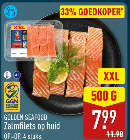 zalmfilet 4 33 500 goedkoper xxl noorwegen ge certified farming golden seafood zalmfilets huid stuks folder aanbieding bij Aldi