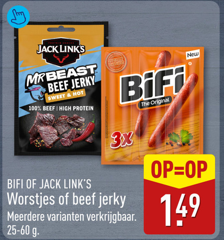 bifi bierworstjes 100 protein snacks jack beef sweet hot high naturally smoked original new r 3x worstjes meerdere folder aanbieding bij Aldi Bifi bierworstjes folder aanbieding bij Aldi - details