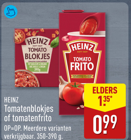 heinz tomatenblokjes tomato blokjes tomates basilicum oregano avec 390g meerdere frito for base elders folder aanbieding bij Aldi Heinz tomatenblokjes folder aanbieding bij Aldi - details