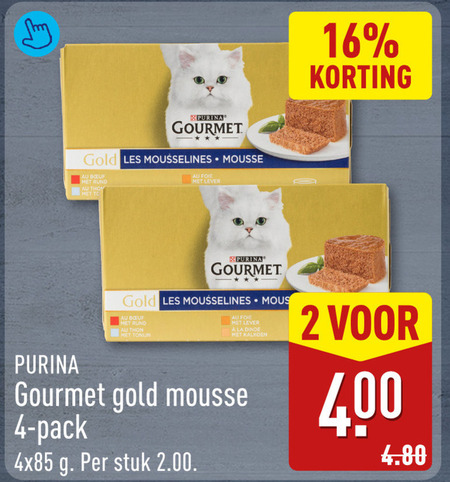 gourmet kattenvoer 2 4 16 400 purina gold les mousse lever b rund thom to foie thon tonijn la kalkoen pack stuk folder aanbieding bij Aldi Gourmet kattenvoer folder aanbieding bij Aldi - details