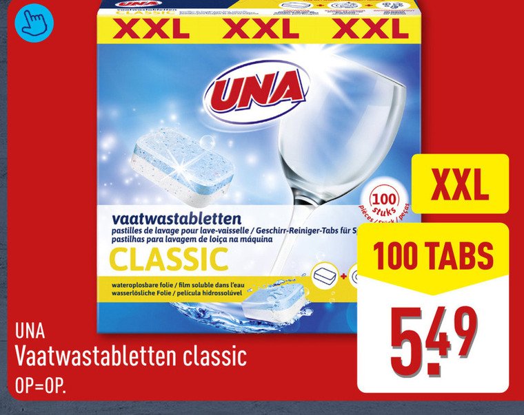 una vaatwasmiddel 100 xxl vaatwastabletten pastilles pour lave vaisselle reiniger tabs classic wateroplosbare folie film folder aanbieding bij Aldi Una vaatwasmiddel folder aanbieding bij Aldi - details
