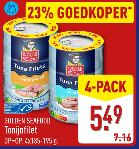tonijn in blik 1 4 23 740 xxl goedkoper xx golden seafood tuna filets sunflower oil ge core gecertificeerd www.msc.org nl tonijnfilet tri score pack folder aanbieding bij Aldi