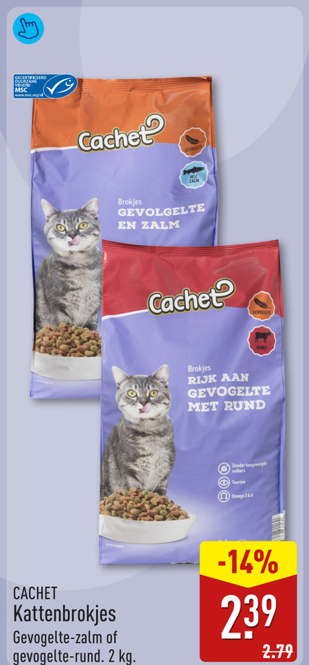 kattenvoer 2 3 6 gecertificeerd duurzame visserij www.msc.org nl cachet gevogelte zalm brokjes kattenbrokjes rund rijk toegevoegde suikers taurine omega folder aanbieding bij Aldi