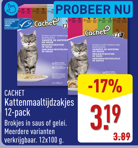 kattenvoer 3 12 33 100 gecertificeerd duurzame visserij www.msc.org nl cachet variations sachet saveurs smaakvariaties gelei zakjes sauce saus vitamins ge pack brokjes meerdere folder aanbieding bij Aldi