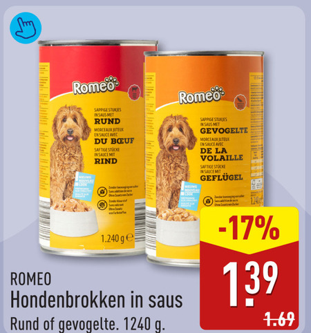 hondenvoer romeo nieuwe nouveau sappige stukjes saus rund morceaux sauce avec du b sans addition sacre colorant ge hondenbrokken gevogelte la sucre folder aanbieding bij Aldi