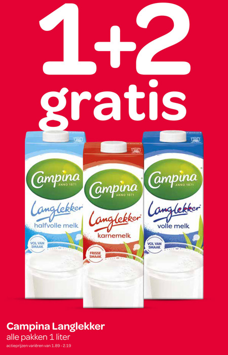 campina melk karnemelk 1 2 langlekker halfvolle anno volle frisse pakken liter varieeren folder aanbieding bij Spar Campina melk, karnemelk folder aanbieding bij Spar - details