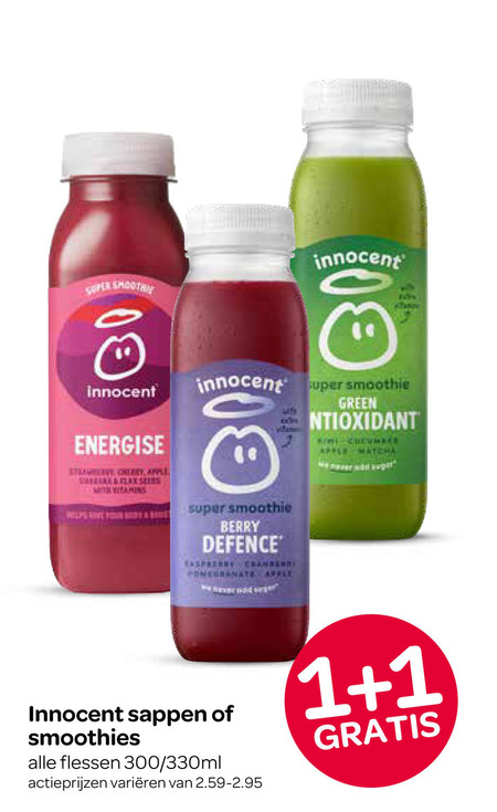 innocent fruitsmoothie 1 300 energise smoothie green cucumber apple with helps super berry defence pomegranate sappen smoothies flessen 330ml varieeren folder aanbieding bij Spar Innocent fruitsmoothie folder aanbieding bij Spar - details