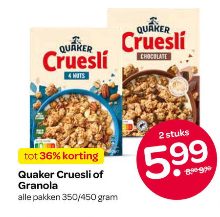 quaker cruesli 2 4 36 nuts chocolate stuks granola pakken 350 450 folder aanbieding bij Spar Quaker cruesli folder aanbieding bij Spar - details