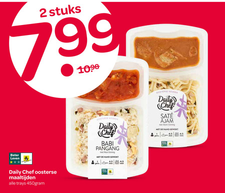 oosterse maaltijd 2 4 5 stuks beter leven dieren bescherming daily chef maaltijden trays keuken babi pangang hand gewokt min ajam goreng folder aanbieding bij Spar