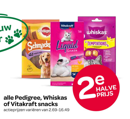 whiskas pedigree dentastix vitakraft hondensnacks kattensnacks liquid snacks varieeren temptations halve folder aanbieding bij Spar Whiskas hondensnacks, kattensnacks folder aanbieding bij Spar - details