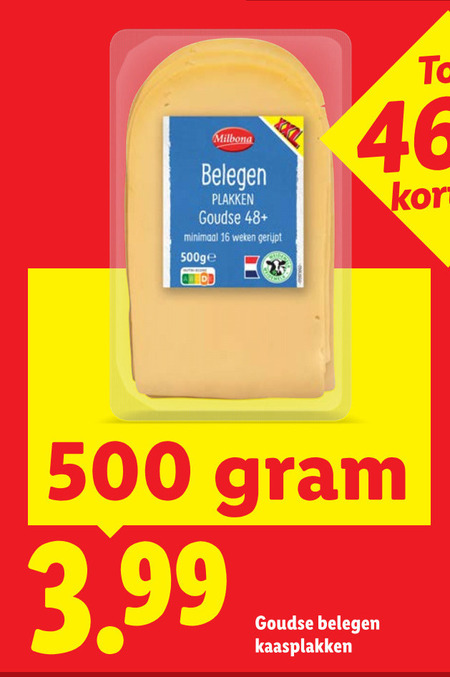 kaasplakken 16 46 500 milbona belegen goudse 48 minimaal weken gerijpt 3.99 folder aanbieding bij Lidl