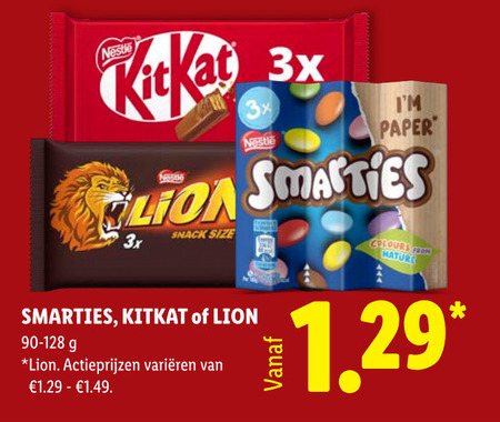 lion kitkat smarties chocoladerepen nestle 3x paper snack size varieeren colours from nature folder aanbieding bij Lidl Lion chocoladereep folder aanbieding bij Lidl - details