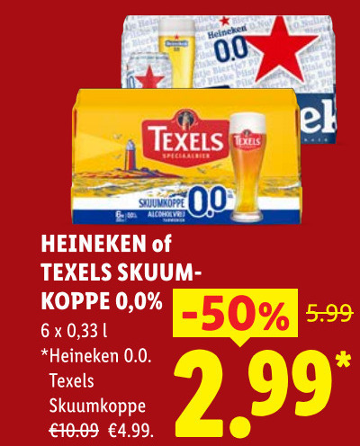texels heineken 0.0 blikjes bier speciaalbieren 6 biertje skuumkoppe 00 5.99 33 folder aanbieding bij Lidl Heineken 0.0 blikje bier, speciaalbier folder aanbieding bij Lidl - details