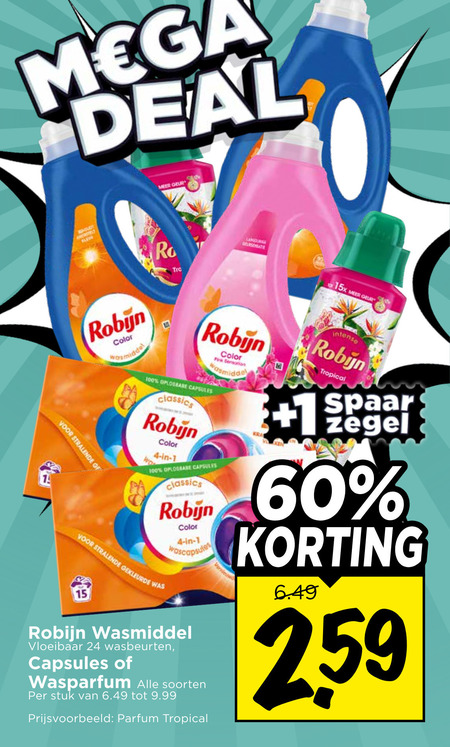 robijn wasmiddel 1 4 15 24 60 100 mega deal geur color sensation capsules classics oplosbare gekleurde wascapsules vloeibaar wasbeurten soorten stuk parfum tropical intenso spaar zegel folder aanbieding bij Vomar Robijn wasmiddel folder aanbieding bij Vomar - details