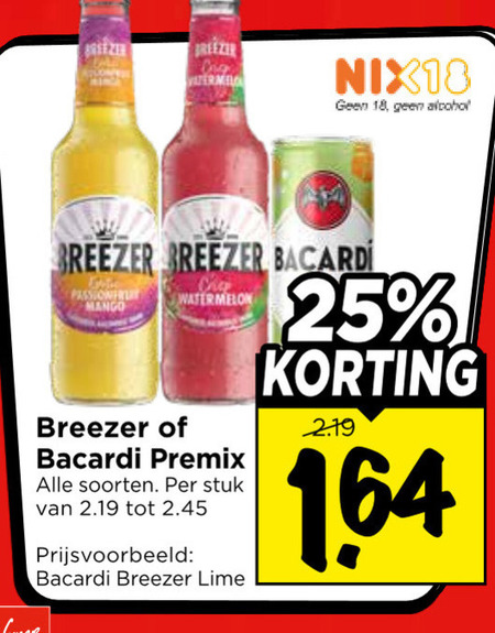 bacardi mixdrank 18 25 breezer nix18 alcohol passionfruit mango watermelon premix soorten stuk lime folder aanbieding bij Vomar Bacardi mixdrank folder aanbieding bij Vomar - details