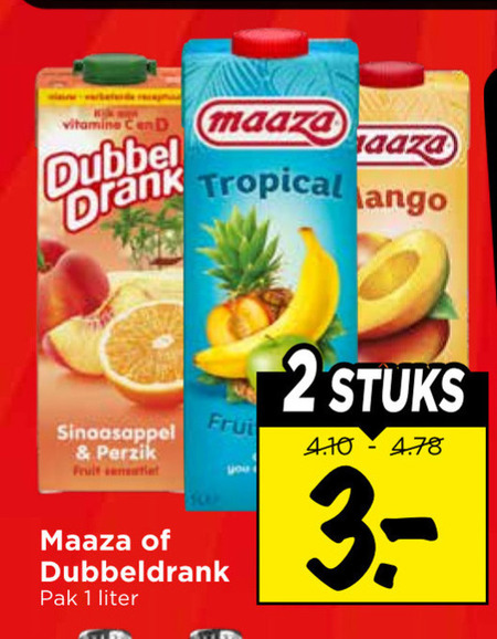maaza dubbeldrank fruitdrank 1 2 vitamine dubbel drank tropical sinaasappel perzik fruit pak liter you stuks folder aanbieding bij Vomar Maaza fruitdrank folder aanbieding bij Vomar - details