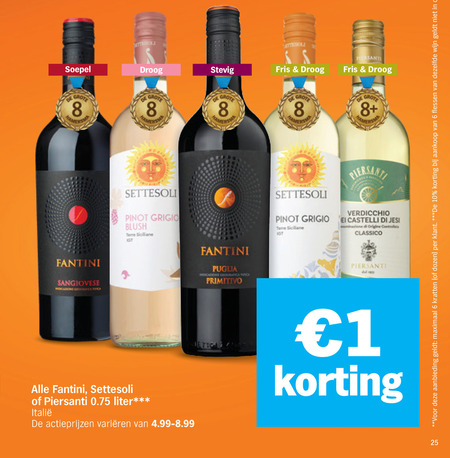 rode wijn witte 1 6 8 10 25 soepel droog stevig sangiovese settesoli pinot grigio blush siciliane fris ham puglia primitivo verdicchio ei castelli classico liter varieeren aanbieding maximaal kratten dozen flessen dezelfde folder aanbieding bij Albert Heijn