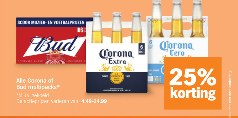 corona bud blikjes bier speciaalbieren 6 16 25 scoor muziek busch b la since multipacks m.u.v gekoeld varieeren combinatie aanbieding folder aanbieding bij Albert Heijn Bud blikje bier, speciaalbier folder aanbieding bij Albert Heijn - details