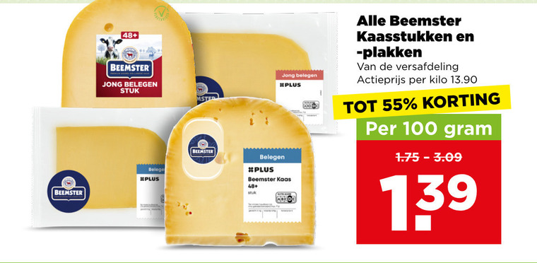 beemster kaasplakken kaas 55 100 48 jong belegen stuk kaasstukken versafdeling actieprijs kilo folder aanbieding bij Plus Beemster kaas, kaasplakken folder aanbieding bij Plus - details
