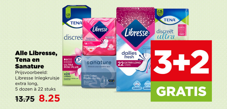 libresse inlegkruisjes maandverband 2 3 5 14 22 100 tena sanature inlegkruisje dozen stuks 0900 3x ultra mini liners freshness protection protects your sensitive skin cotton pads thin serviettes www discreet dailies fresh breathable absorberen finest folder aanbieding bij Plus Libresse maandverband, inlegkruisjes folder aanbieding bij Plus - details