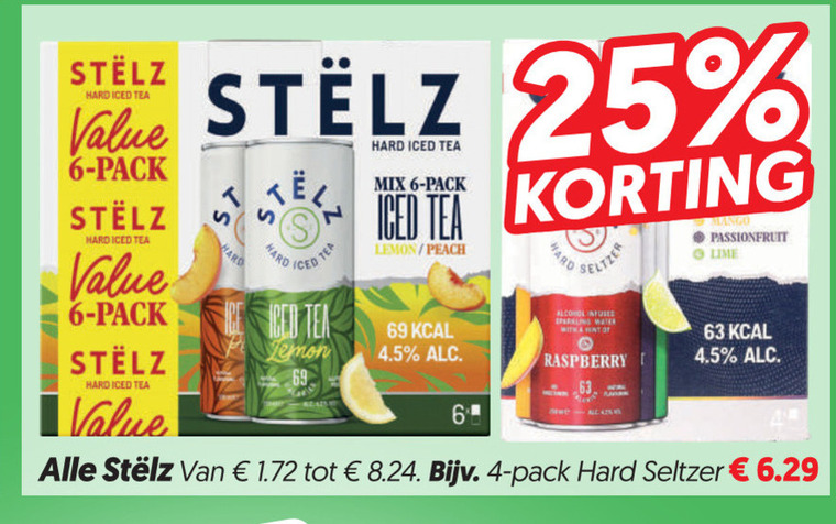 stelz hard seltzer 4 6 25 69 iced tea pack mix lemon peach mango passionfruit lime alcohol infuse sparkling water with raspberry a4 folder aanbieding bij Dekamarkt Stelz hard seltzer folder aanbieding bij Dekamarkt - details