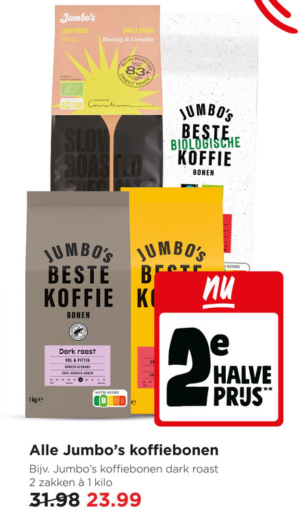 jumbo huismerk koffiebonen 1 2 100 light roast ethiopia single origin bloemig complex nl landbouw roasted by cornelis trade biologische koffie bonen 1kg dark pittig donker gebrand arabica nutri score halve zakken kilo folder aanbieding bij Jumbo Jumbo Huismerk koffiebonen folder aanbieding bij Jumbo - details