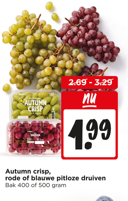 druiven 16 400 500 jumbo pitloze autumn crisp toet knapperig koelkast rode blauwe bak folder aanbieding bij Jumbo