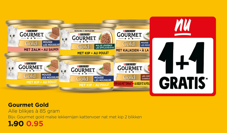 gourmet kattenvoer 1 2 xpurina gold mousse les zalm saumon kip poulet recycle purina malse lekkernijen sauce kalkoen la saus tomaat boeuf blikjes nat blikken folder aanbieding bij Jumbo Gourmet kattenvoer folder aanbieding bij Jumbo - details