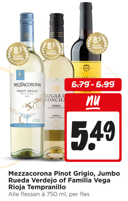 witte wijn rode 750 1901 8 5 hamersma mezzacorona pinot grigio trentino natura tradizione montagna concha rueda que jus vine cola it jumbo familia vega rioja tempranillo flessen ml fles folder aanbieding bij Jumbo