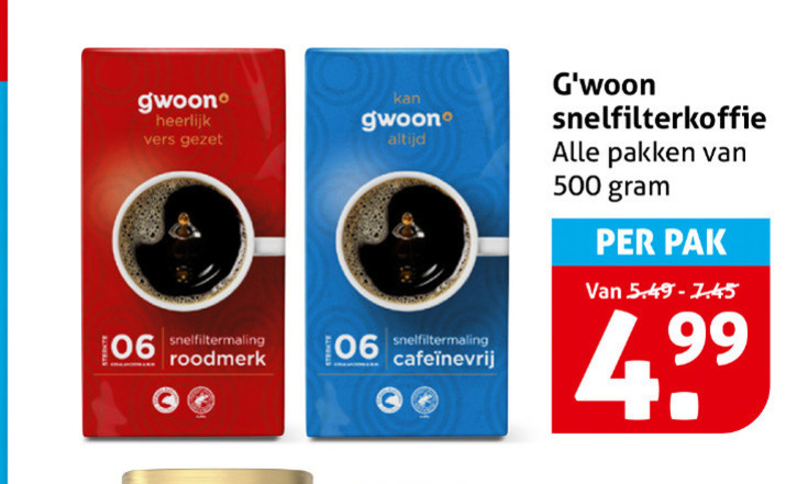 gwoon koffie 500 vers 06 snelfiltermaling roodmerk snelfilterkoffie pakken pak folder aanbieding bij Hoogvliet Gwoon koffie folder aanbieding bij Hoogvliet - details