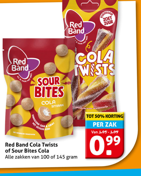 red band snoep 50 100 sour bites cola verrassend zuur smaakstoffen chewy gevulde kern twists zoet natuurlijke zakken zak folder aanbieding bij Hoogvliet Red Band snoep folder aanbieding bij Hoogvliet - details
