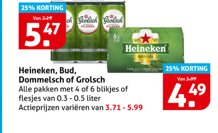 bud dommelsch grolsch heineken blikjes bier 4 6 25 pilsner pakken liter original puur gerstemout varieeren 5.99 folder aanbieding bij Hoogvliet Heineken blikje bier folder aanbieding bij Hoogvliet - details