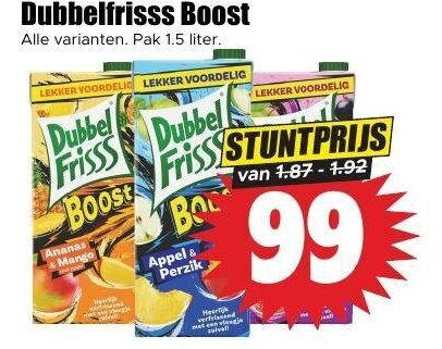 dubbelfrisss fruitdrank 99 boost pak liter dubbel frisss ananas mango appel perzik verfrissend folder aanbieding bij Dirk Dubbelfrisss fruitdrank folder aanbieding bij Dirk - details