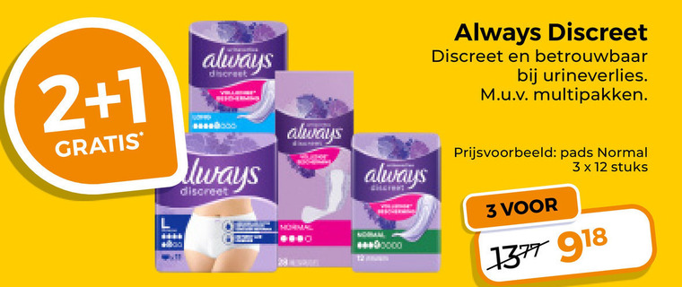 always incontinentieverband 1 2 3 12 discreet urineverlies multipakken pads normal stuks folder aanbieding bij Trekpleister Always incontinentieverband folder aanbieding bij Trekpleister - details
