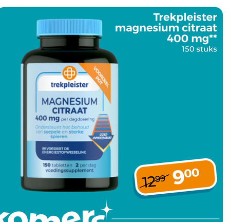 trekpleister huismerk voedingssupplement 2 150 400 magnesium citraat mg stuks voordeel pot dagdosering ondersteunt soepele spieren gold bevordert tabletten dag folder aanbieding bij Trekpleister Trekpleister Huismerk voedingssupplement folder aanbieding bij Trekpleister - details