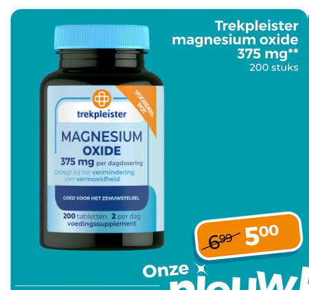 trekpleister huismerk voedingssupplement 2 200 500 magnesium oxide mg stuks voordeel pot dagdosering droogt vermindering zenuwstelsel tabletten dag folder aanbieding bij Trekpleister Trekpleister Huismerk voedingssupplement folder aanbieding bij Trekpleister - details