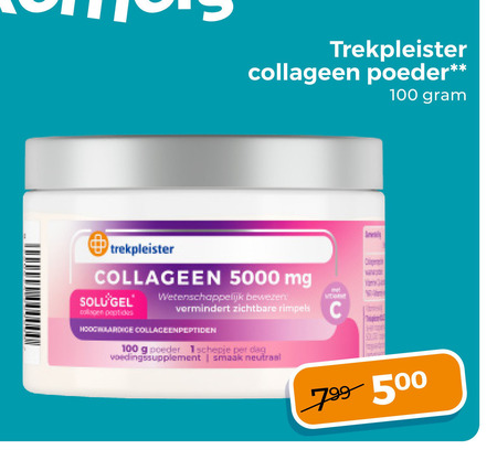 voedingssupplement 100 500 5000 trekpleister collageen poeder mg gel collagen wetenschappelijk bewezen zichtbare rimpels hoogwaardige schepje dag neutraal folder aanbieding bij Trekpleister